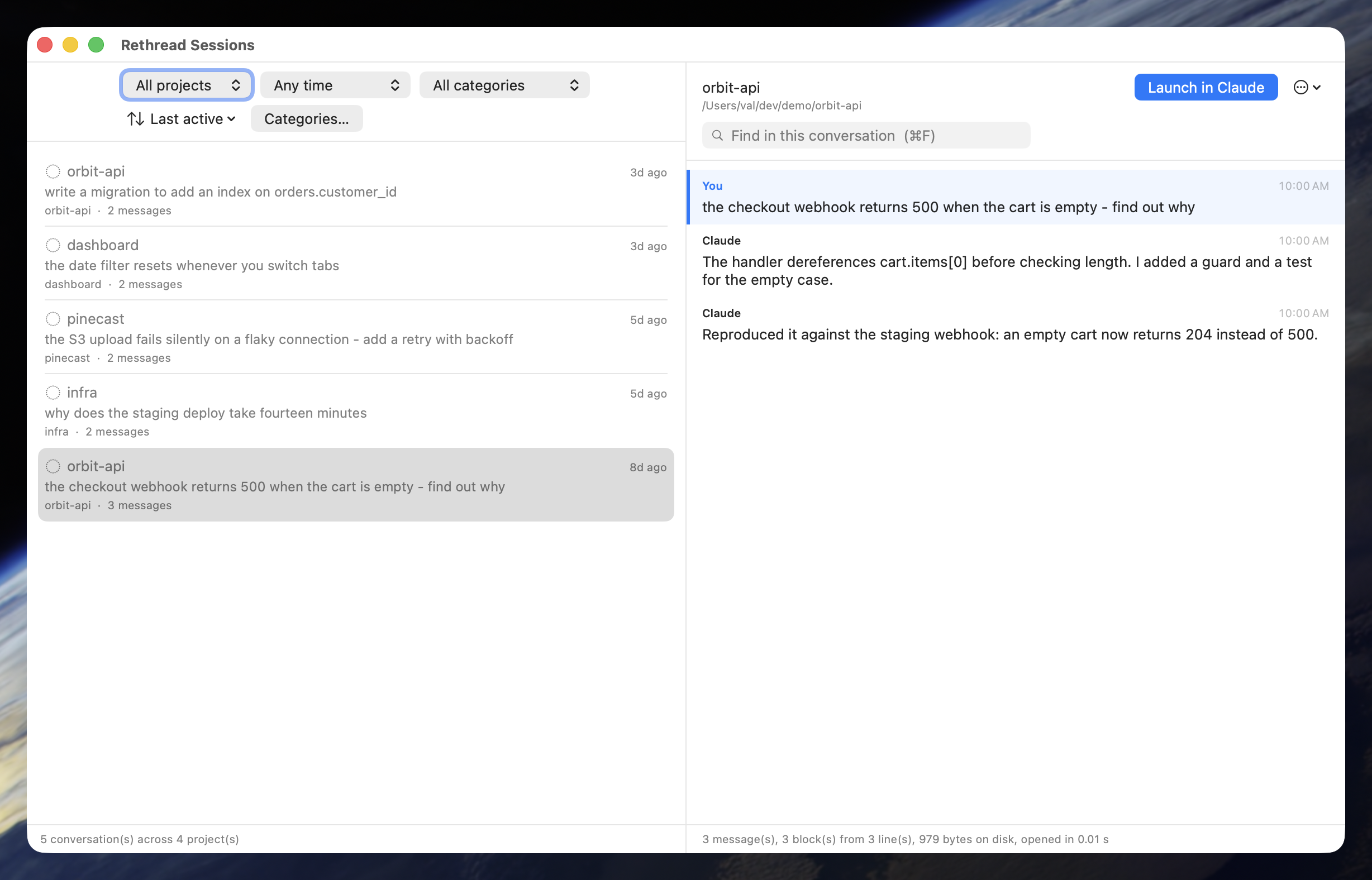The Respool window: a list of conversations on the left, and on the right the transcript of one of them with a Launch in Claude button.