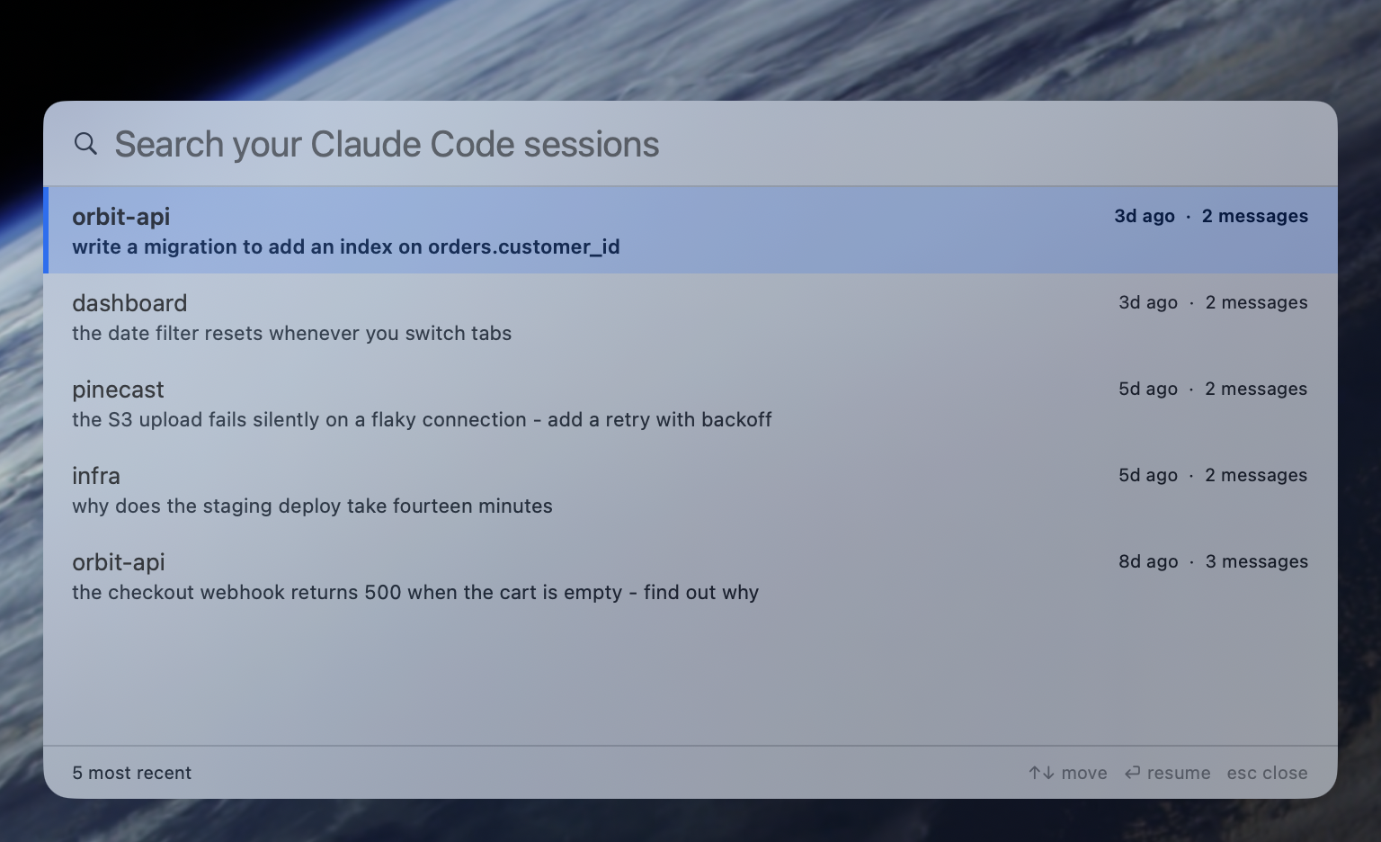 The Respool search panel floating over the desktop, listing five recent Claude Code conversations with the prompt each one opened with.